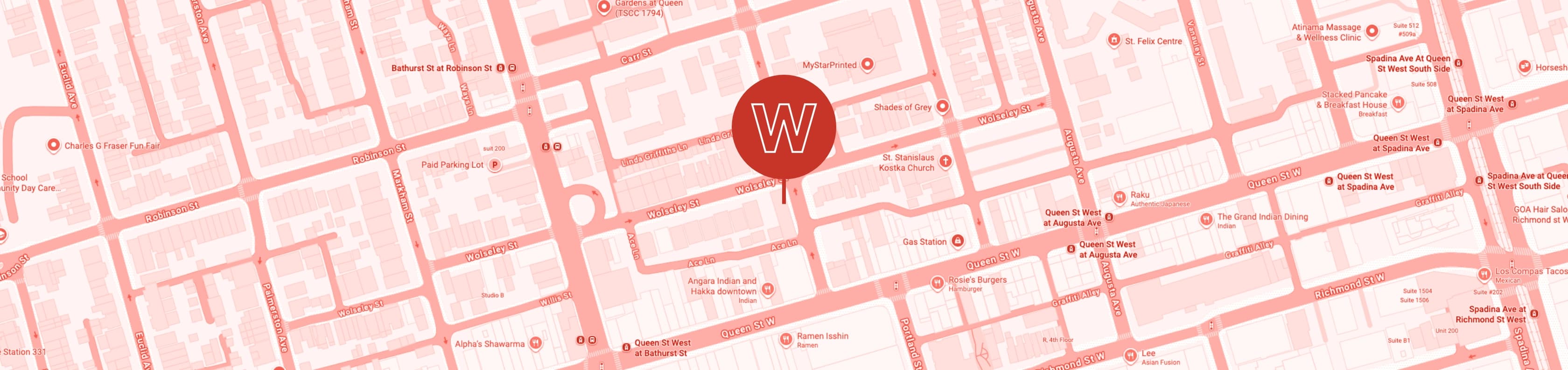 Map of our location in Toronto showing a pin at the corner of Wolseley Street and Ryerson Avenue.
