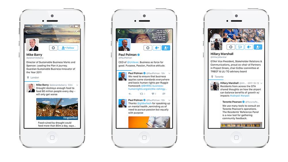 Three phones display the twitter accounts of Sustainability experts.