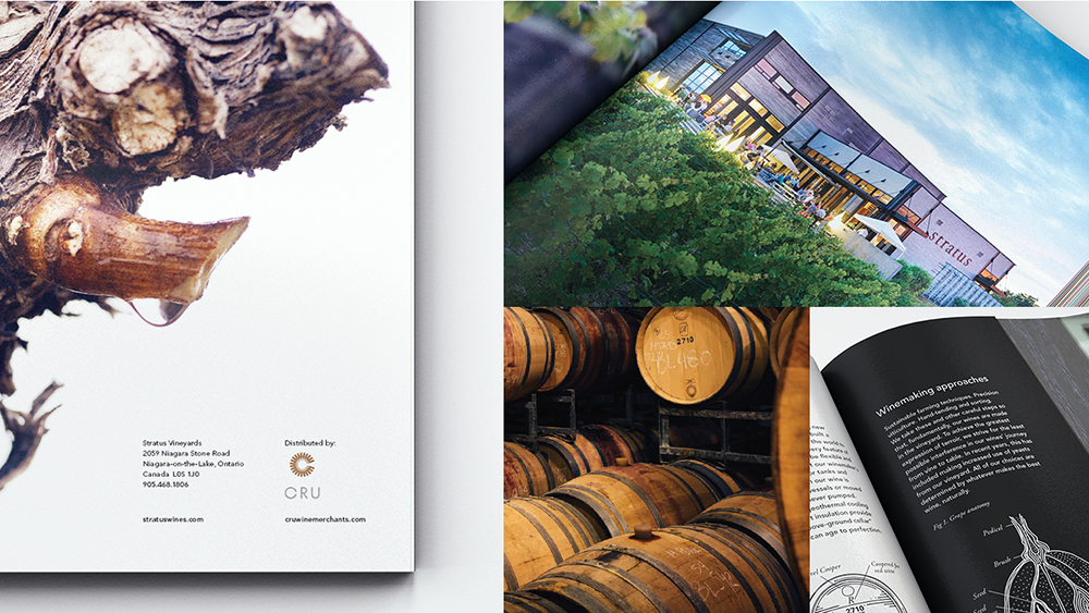 A brochure for Stratus Vineyards highlights images of a building, wine barrels, and oak.