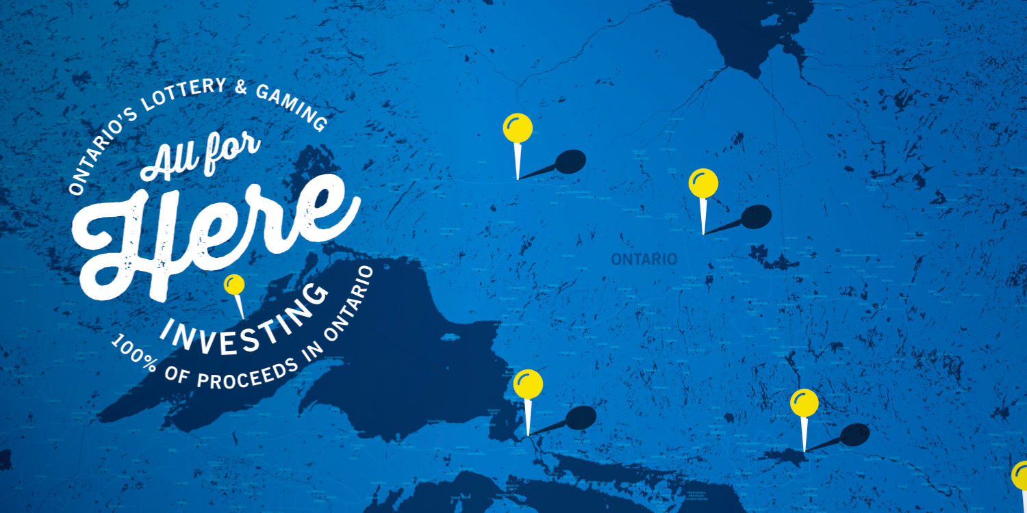 The OLG CSR Logo is superimposed over a blue map of Ontario, dotted with yellow pins.