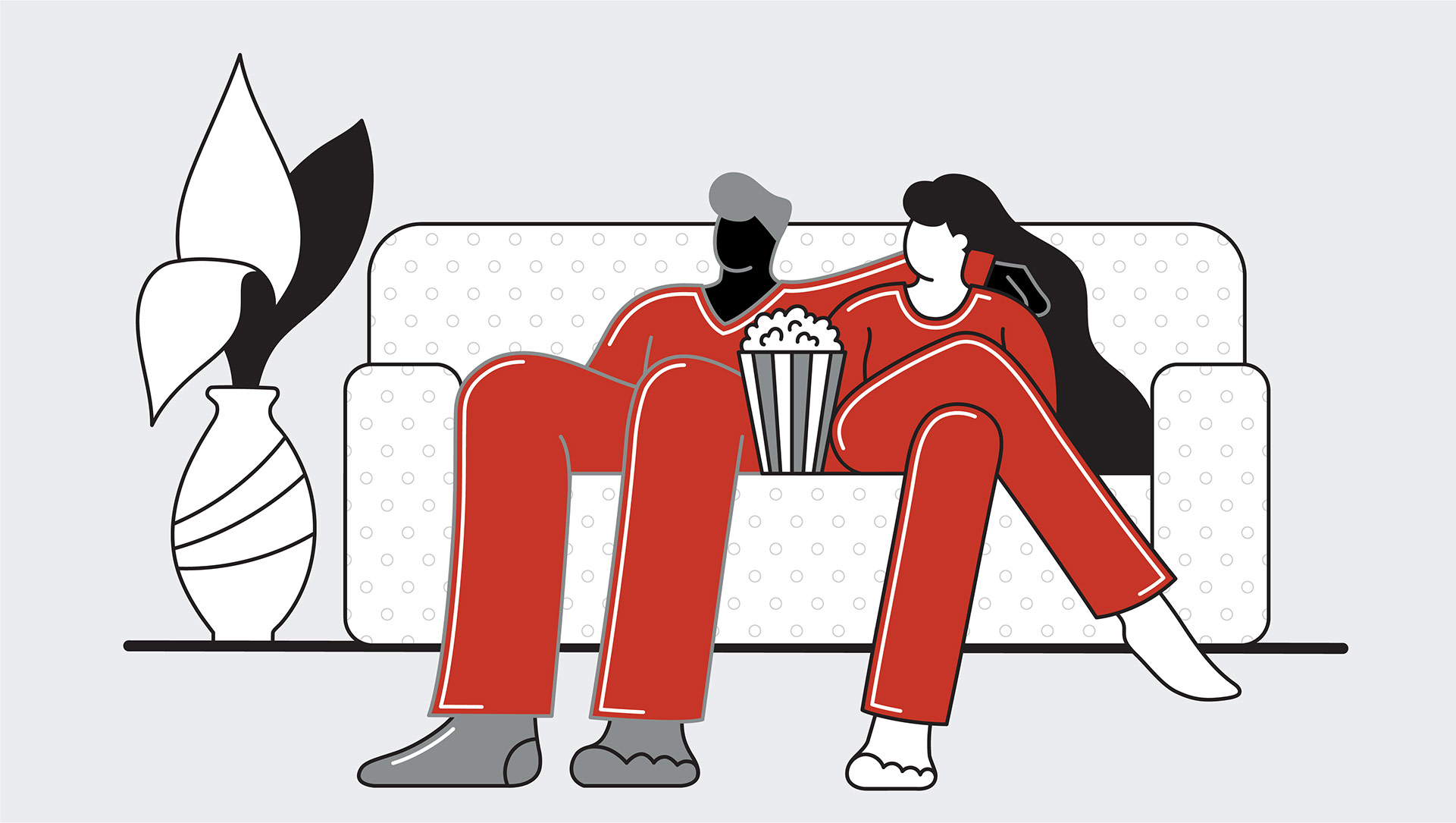 Illustration of two people sitting on couch eating popcorn