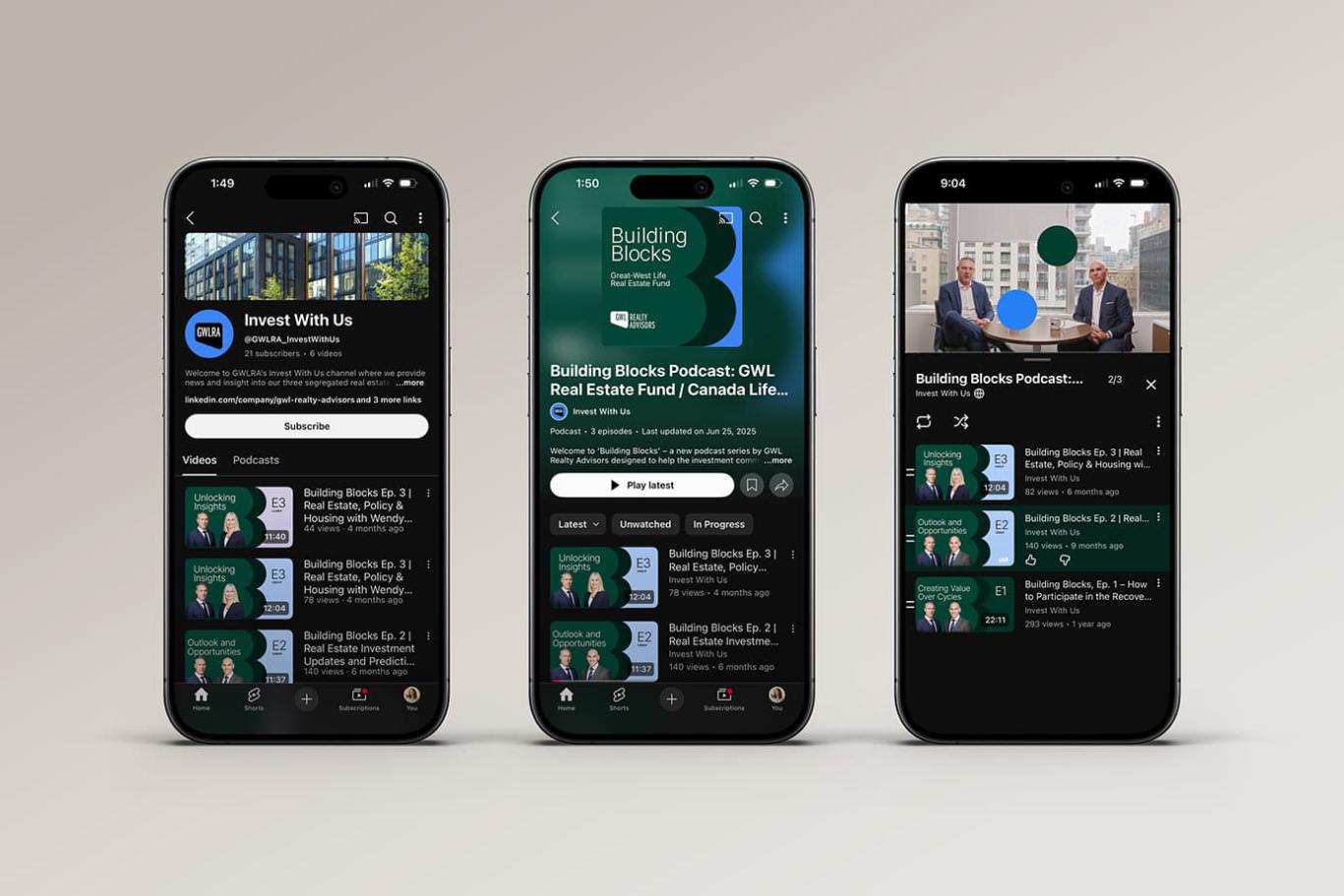 Three cell phones showing different views of GWL Realty Advisor’s YouTube channel.