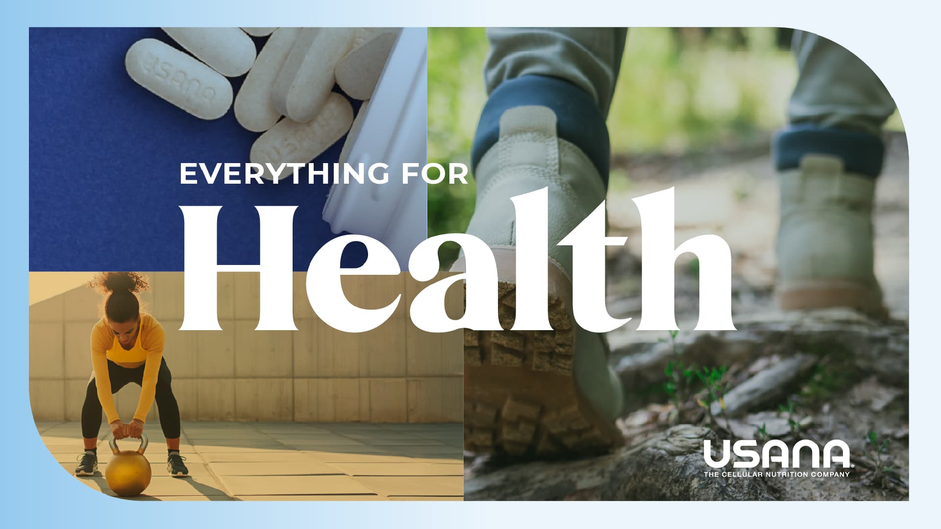 Collage of brand images with title, “Everything for health,” the Usana logo, and tagline, “the cellular nutrition company.”