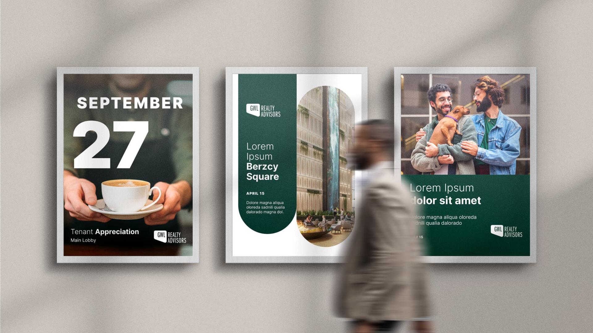 A man walks by three GWL Realty Advisors event posters.