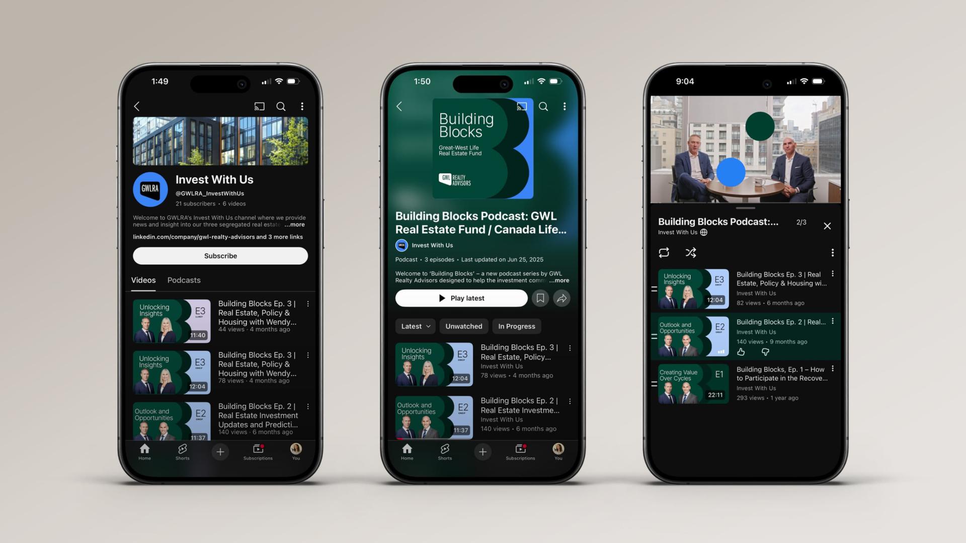 Three cell phones showing different views of the GWL Realty Advisors YouTube channel.