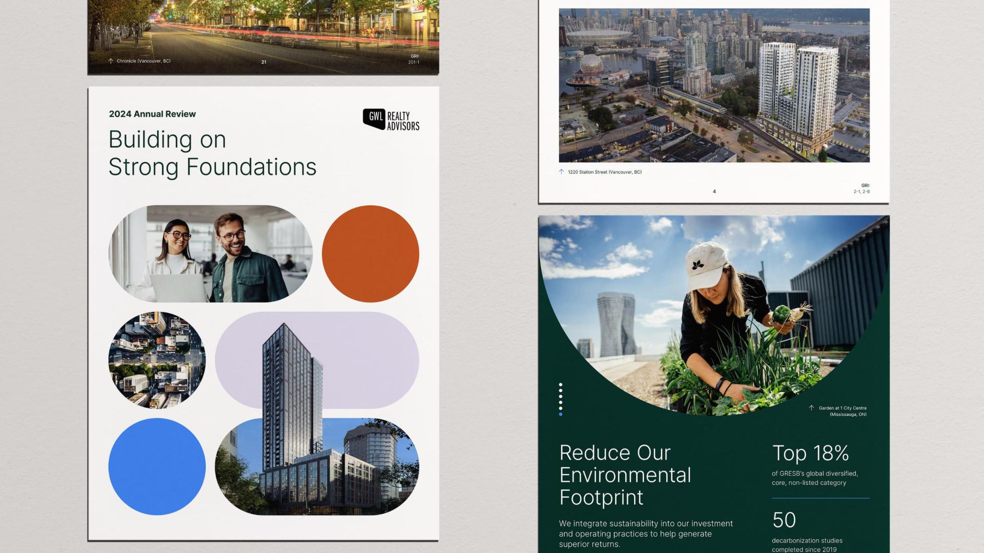 Collage of cover and inside pages of the GWL Realty Advisors’ 2024 Annual Review.