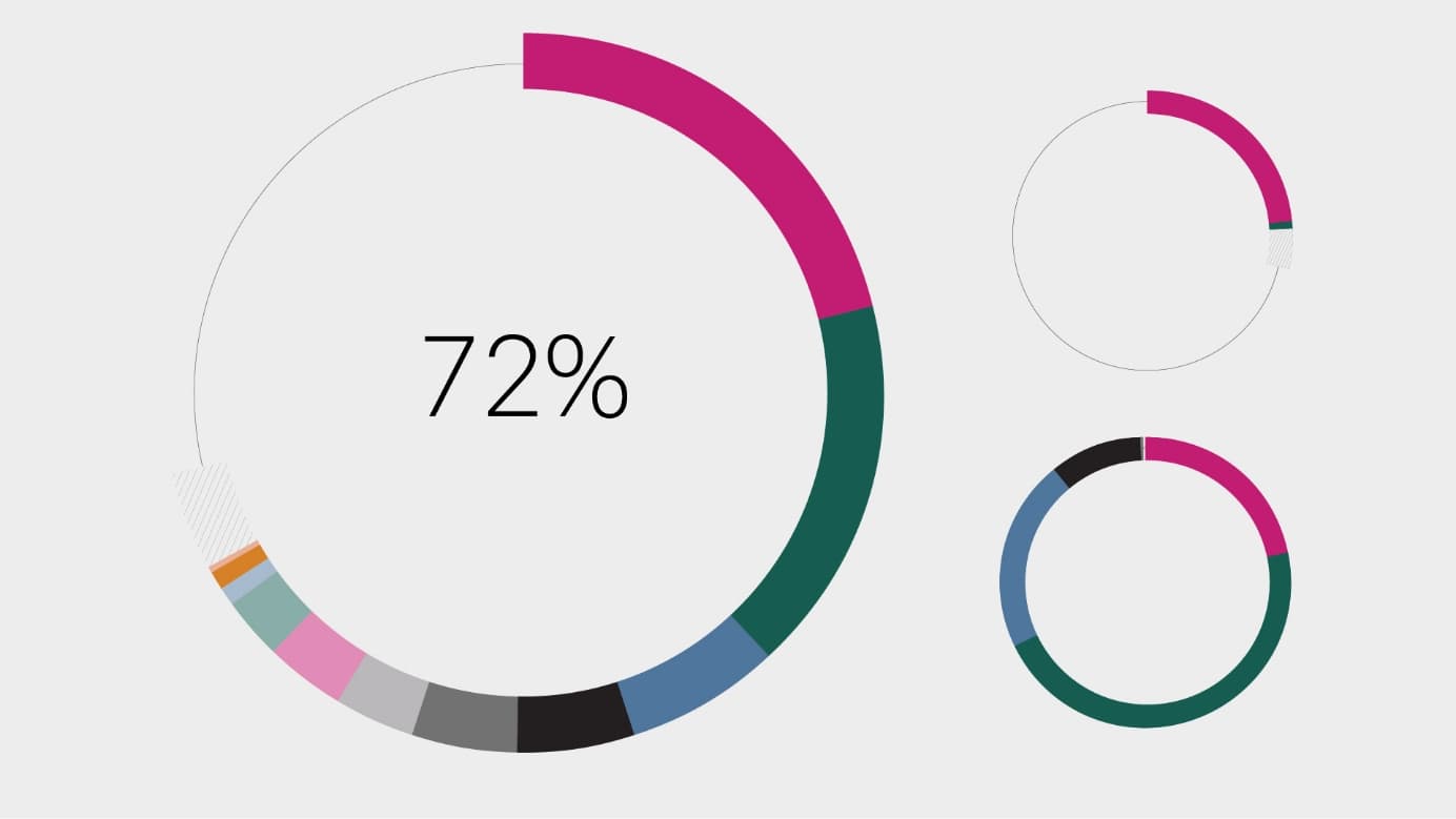 Three design iterations of multi-coloured donut charts.