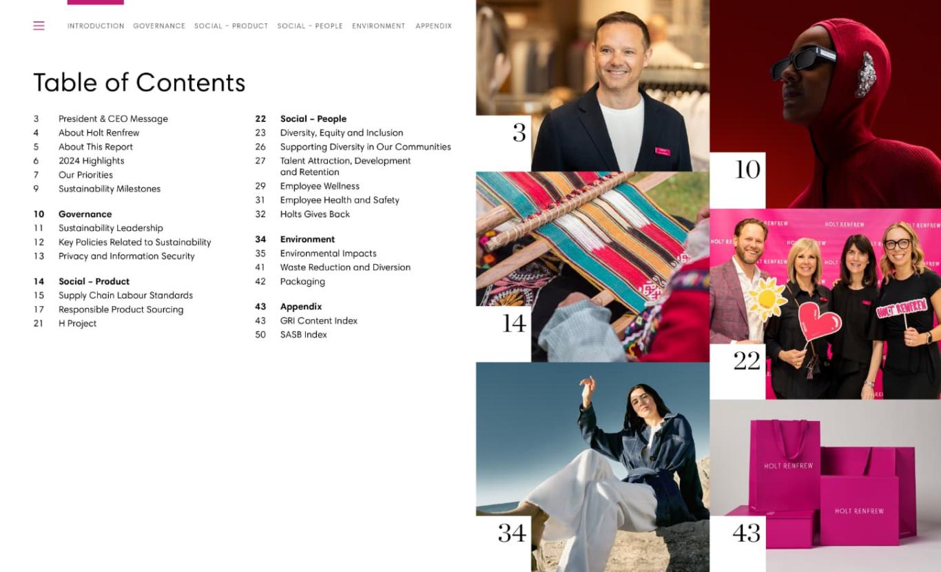 Table of Contents page from Holt Renfrew’s 2024 Sustainability Report.