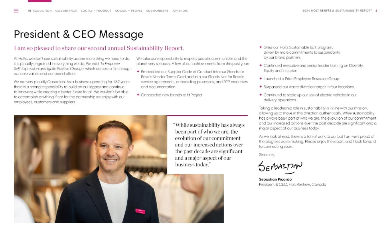 Page 3 from Holt Renfrew’s 2024 Sustainability Report.