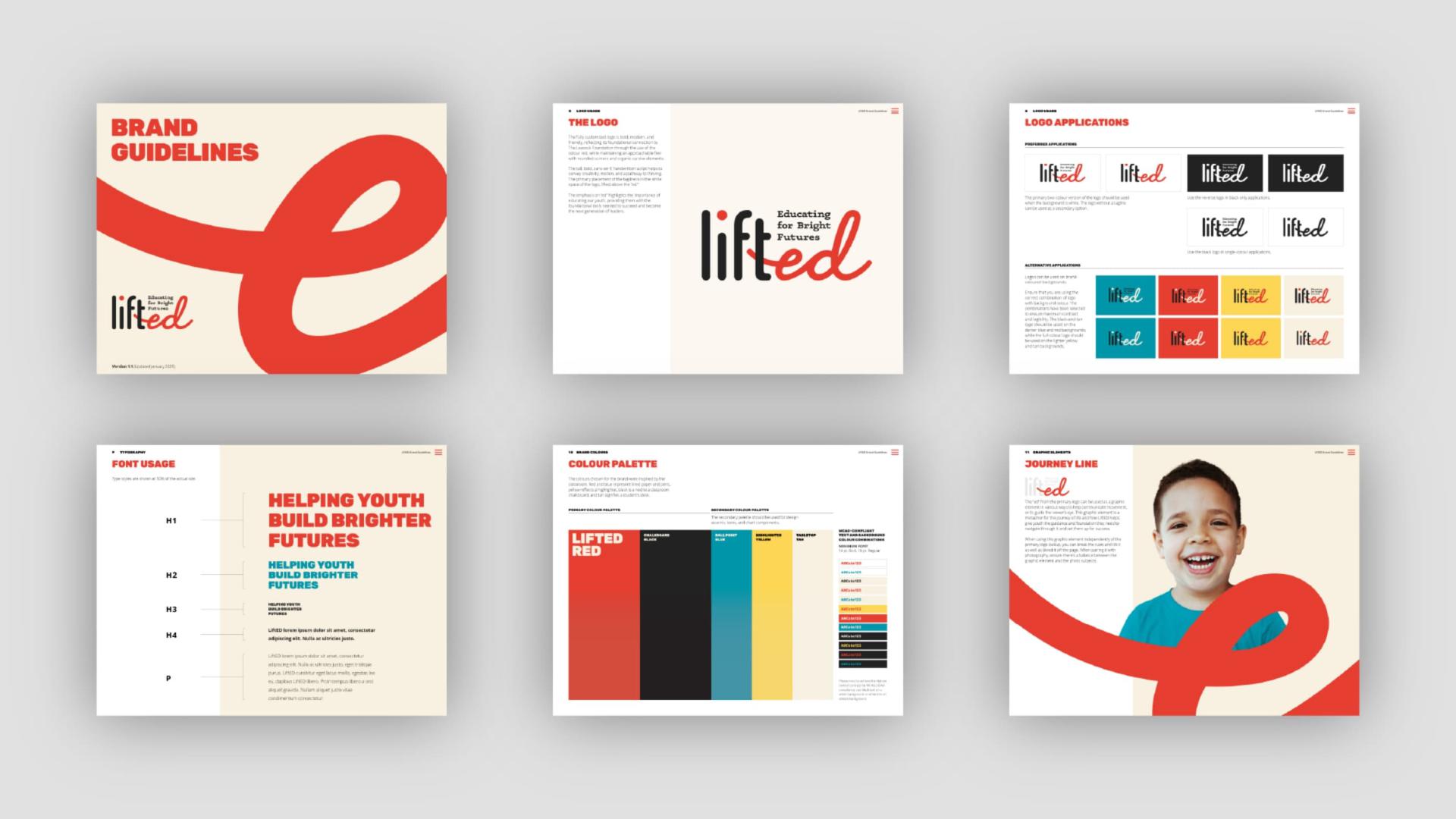Pages from the Brand Identity guide showing different uses of the LiftED logo, fonts and brand colours.