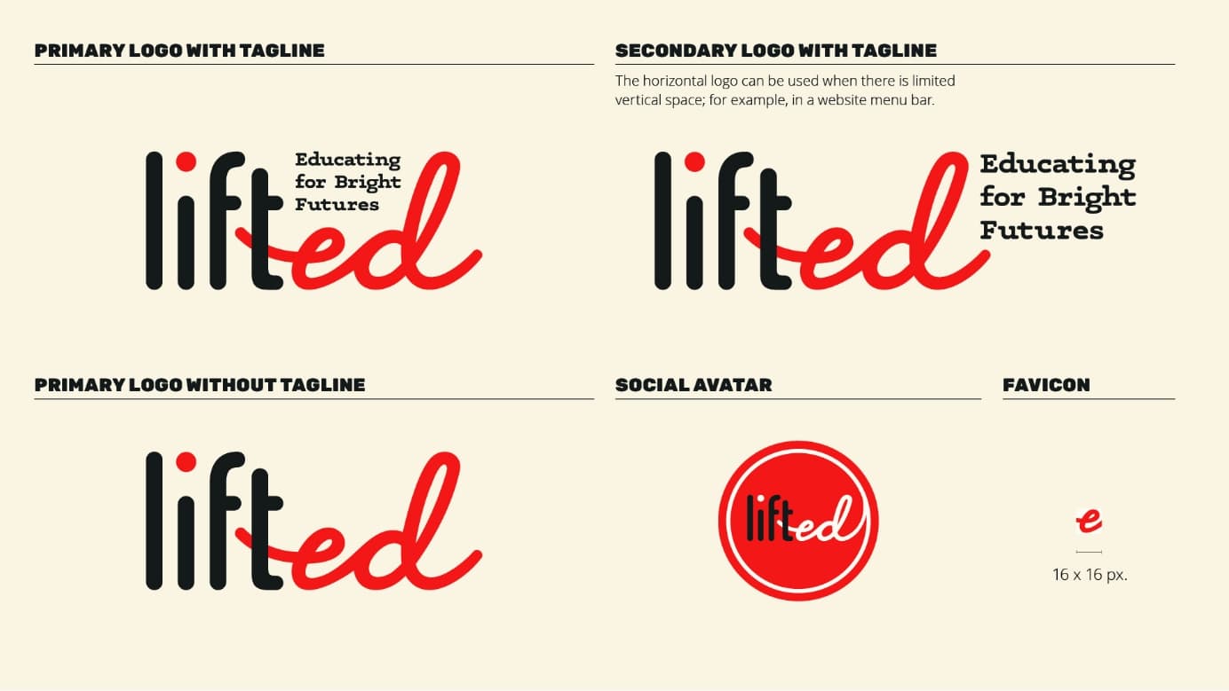 Collage showing several variations of the LiftED brand identity.