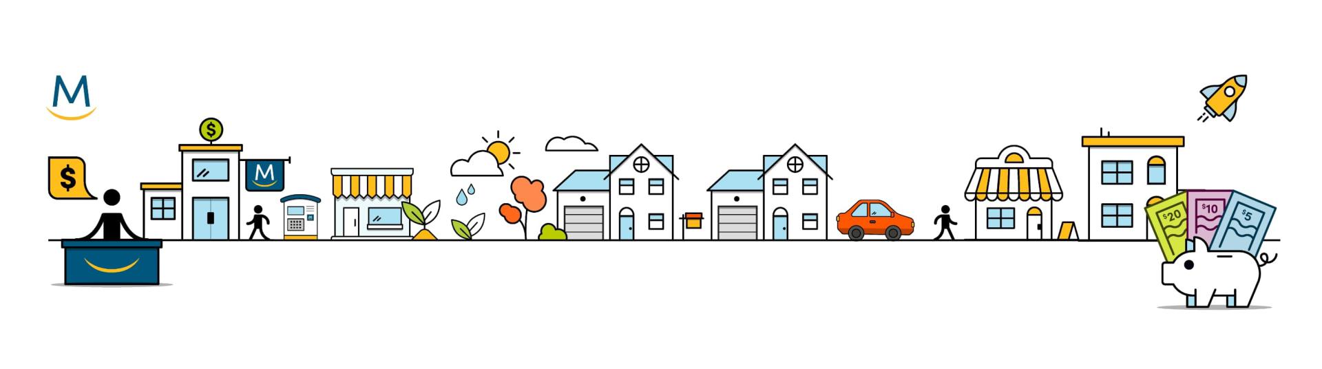 Illustration of a city street with houses, stores, a Meridian branch, pedestrians and cars.