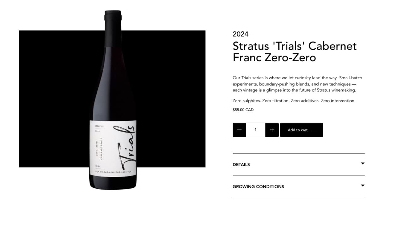 Screenshot from the Stratus website showing information for 2024 Stratus ‘Trials’ Cabernet Franc Zero-Zero.
