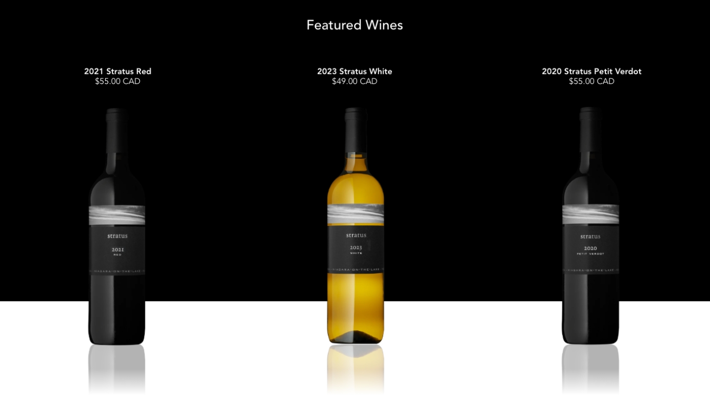 Screenshot of the Stratus website showing three wine bottles. Text says: “Featured wines. 2021 Stratus Red, $55 CAD; 2023 Stratus White, $49 CAD; 2020 Stratus Petit Verdot, $55 CAD.”