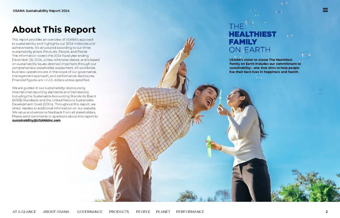 Page 2 of Usana’s 2024 Sustainability Report.